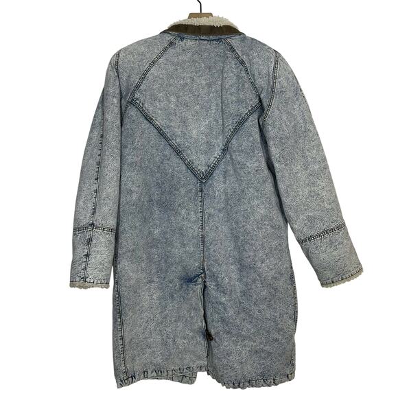 Vintage New York Girl Denim Coat Size Small 90s Oversized Longline Sherpa Collar - Picture 2 of 8